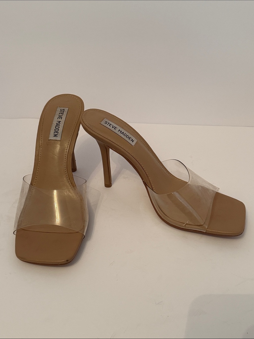 Steve Madden Tan & Clear PVC Mule Heels